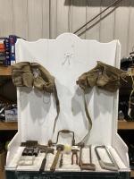 SHOP BOX OF MISC W/ TOOL BAGS, BOW SAWS, HAMMERS, WIRE BRUSHES & LINE CHECK 1/2"