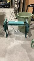 GREEN PLASTIC GARBAGE CAN, LEAF BAG HOLDER, GARDEN STOOL