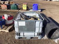 TOTE OF MISC SHOP W/ FLAMELESS GAS HEATER, ASSORTED BUNDLES OF WIRES, TUBING & SACK BAGS