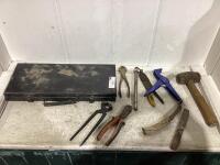TOOL BOX OF MISC TOOLS W/ HAMMER, PLIERS, FILE & PIPE CUTTER