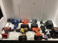 SHOP BOX OF ASSORTED DRILLS & BATTERY CHARGERS