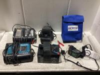 SHOP BOX W/ (3) MAKITA & MASTERCRAFT BATTERY CHARGERS, POWER KINGDOM POWER SUPPLY & AUTOMATIC BATTERY CHARGER