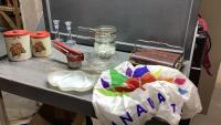 BOX OF ASSORTED ANTIQUES- MILK GLASS TRAY, RUG CLEANER, CANNISTER SET , PYREX DOUBLE BOILER