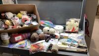 BOX W/YARN, RUG PUNCHING NEEDLE, CROCHET HOOKS, CRAFTING ITEMS