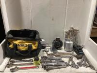 SHOP BOX W/ DEWALT TOOL BAG, ASSORTED WRENCHES, AIR SPRAY, MASTERCRAFT CHARGER & DRILL BITS