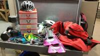 RED BAG + ORGANIZER W/FLIPPERS, WEIGHTS, BIKE HELMETS, EXERCISE BANDS, BALL GLOVE