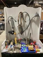 SHOP BOX OF MISC W/ GLUE STICKS, BAND SAW, LAMP, HOSE, PLIERS, FLAP DISC & TILE GLASS CUTTER