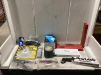 SHOP BOX W/ WELDING RESPIRATOR, WELDING GOGGLES, TAPE, COPPERCLAD & MISC