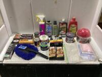 SHOP BOX OF MISC CLEANING SUPPLIES W/ CAR POLISH, METAL POLISH, DUSTER, CONDITIONER & WAX MASTER