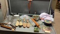 VINTAGE IRON, COLOURFUL GLASS DISH, SHOE STRETCHERS, GLASS ROLLING PIN
