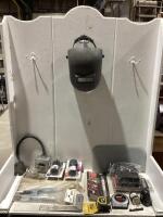 SHOP BOX MISC W/ WELDING HELMET, (2) WELDING GOGGLES, TAPE MEASURE, REPLACEMENT PLUG, WELDING RODS & TRY SQUARE