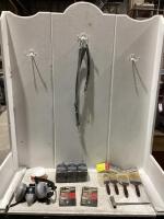 SHOP BOX MISC W/ PAINT BRUSH SET, RESPIRATORY, XP-STROKE OIL PACK, PHILIPS HALOGEN REPLACEMENT BULB & TURLEWAX RUBBING COMPOUND