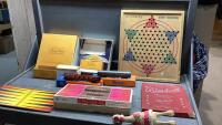 VINTAGE CHINESE CHECKERS BOARD, BACKGAMMON , TRIVIAL PURSUIT, (2)MODEL TRAINS, RUMOLI