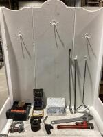 SHOP BOX MISC W/ HEAVY DUTY RATCHET, IRWIN DRILL, COTTER PIN ASSORTMENT, ADJUSTABLE WRENCH & TORCH
