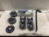 SHOP BOX W/ MASTERCRAFT (2) DISKS 4-1/2 X 1/8", (2) WIRE CUP BRUSH 3", WRECKING BAR & POWERFIST 50PCS LINCH PIN ASSORTMENT
