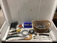 SHOP MISC W/ SAWS, PLIER, STEEL WIRE, DRILL BIT, BOLTS, WASHERS & POWER/CHARGER SUPPLY