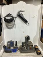 SHOP BOX W/ (2) BAND SAWS, BAND SAW CUTTING TABLE, (2) BATTERIES, BATTERY CHARGER, GREASE GUN & FACE SHIELD