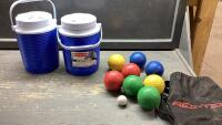 (2) RUBBERMAID THERMAL JUGS + BOCCE BALL SET