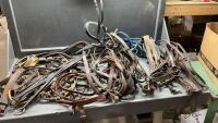 BOX W/TIE DOWNS, HALTER, MARTINGALES, ASSORTED LEATHER ITEMS