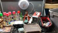 (2)TOTES-MARKING SPRAY PAINT, HEATER, MISC TOOLS, FAN, PIONEER CAR STEREO , VINTAGE BOTTLES,