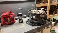 (3)PIECES - CAMP CHEF PROPANE FIRE PIT, FIRST AID KIT, BATTERY LANTERN