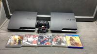BOX W/(2) PS3 CONSOLES, ONE CONTROLLER + (5) GAMES