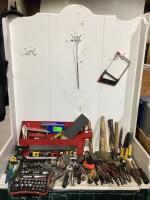 CRATE OF MISC W/ ASSORTED HAMMERS, SCREW DRIVERS, HOLDER, PLIERS, SOCKET SET, TAPE MEASURES & LEVELS
