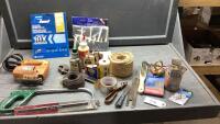 BOX OF SHOP ITEMS - HACKSAW, SAND PAPER, FOAM BRUCHES, ROPE, JIGSAW