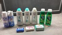 BOX W/BAR SOAPS, SHAMPOO, CONDITIONER, DISINFECTANT