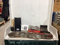 CRATE OF MISC W/ (16) ASSORTED SAW BLADES, DRILL BIT CONTAINERS, SOUND STAGE, WIRELESS WEATHER STATION & BAND OIL FILTER WRENCH