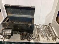 TOOL BOX W/ ASSORTED WRENCHES, SOCKETS, SCREW DRIVERS & MISC
