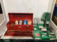 TOOL BOX W/ ASSORTED BULLET MAKING MATERIALS, GUN POWDERS, PRIMERS, BULLET PULLERS, BULLET CASINGS & MISC