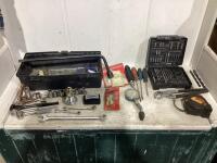 TOOL BOX W/ DRILL BITS, SCREWDRIVERS, VISE GRIP, SOCKETS, TAPE MEASURE & MISC