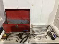 TOOL BOX W/ ASSORTED WRENCHES, PLIER, SCREWDRIVERS & MISC