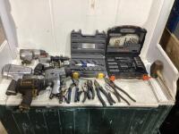 CRATE W/ (2) ASSORTED DRILL BIT SETS, PLIERS, PNEUMATIC AIR TOOLS & MISC