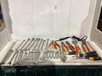 TOOL BOX W/ ASSORTED WRENCHES, PLIERS, SCREWDRIVERS & MISC - SAE & METRIC