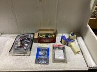 BOX OF DOOR KNOBS, METAL GRIP, SPRING HINGES, TAPE GUN