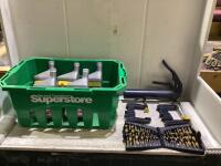 CRATE OF (2) CLAMPS, GREASE GUN, MASTERCRAFT DRILL BITS SET, (5) JOHN DEERE UNOPENED HYDRAULIC & TRANSMISSION OIL