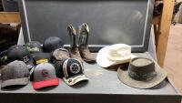 BOX W/ BALL CAPS, COWBOY HAT, SUN HAT, COWBOY BOOTS