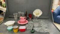 VINTAGE GLASSWARE - PYREX BUTTER DISH & SMALL CASSEROLE, FIRE KING MUGS, ROYAL ALBERT PLATE, BUD VASES, SMALL CERAMIC WATER PITCHER & BASIN,