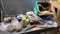 TOTE FULL OF FLY TYING SUPPLIES - TINSEL + COPPER WIRE,METALIC THREAD, PREWOUND BOBBINS, PORCUPINE QUILLS, FLOATERS, FEATHERS