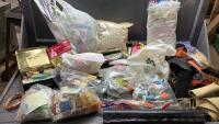 TOTE FULL OF FLY TYING ITEMS - WIRE, FLOAT FOAM, PIPING, LEATHER PIECES