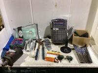 CRATE OF MISC W/ ONYX MEXICAN EGG, NEEDLE FILE SET, GLASSES, RADIO, HYDRAULIC, REMOTE, KEY LOCKS (NO KEY) & MESH BAGS
