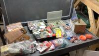 GOOD TOTE FULL OF FISHING SUPPLIES - WEIGHTS, LURES, HOOKS, BOBBERS, SINKERS, LINDY RIGS + BELLS