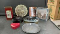 BOX OF TINS & ENAMEL PLATE