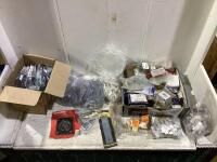 SHOP BOX W/ ASSORTED SCREWS, BOLTS, TRAP DOOR RING, WALL ANCHORS, CHROME PLATED HASP & MISC
