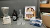 BOX OF KITCHEN ITEMS - OSTERIZER BLENDER, STEAM IRON, HIGHBALL GLASSES & DECANTER, SILICONE & PLASTIC BAKING TOOL SET