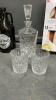 BOX OF KITCHEN ITEMS - OSTERIZER BLENDER, STEAM IRON, HIGHBALL GLASSES & DECANTER, SILICONE & PLASTIC BAKING TOOL SET - 4