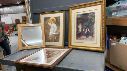 OAK FRAMED MIRROR & VARIOUS PICTURES