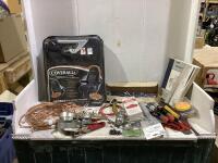 SHOP BOX OF MISC W/ COVERALLS SEAT COVER, BOOSTER CABLES, EPOXY REPAIR KIT, BAND OIL FILTER WRENCH & UNIT REPAIR MANUAL